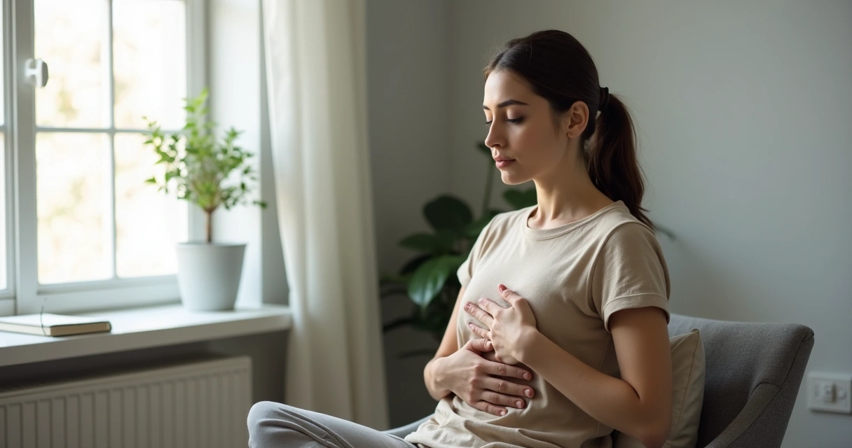 Person seated quietly noticing breath and body tension