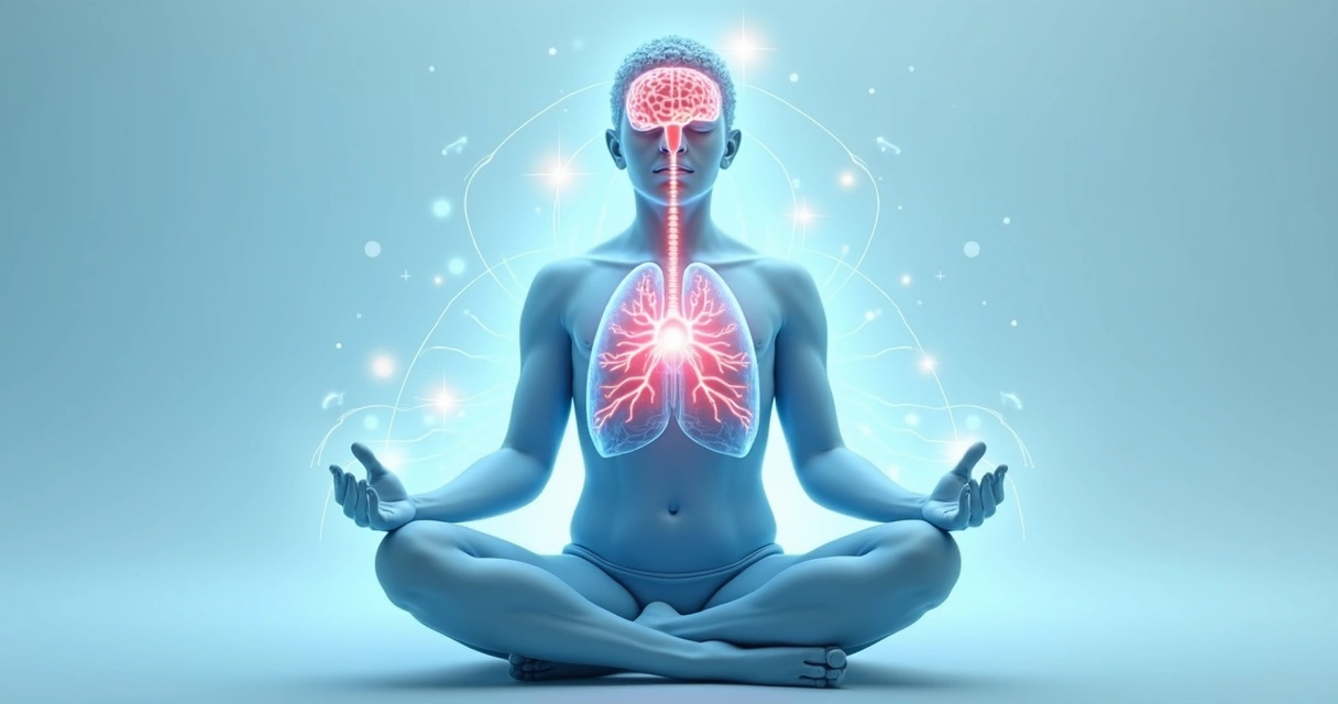 Illustration of a person sitting calmly, with visual lines showing connection between lungs, heart, and brain 