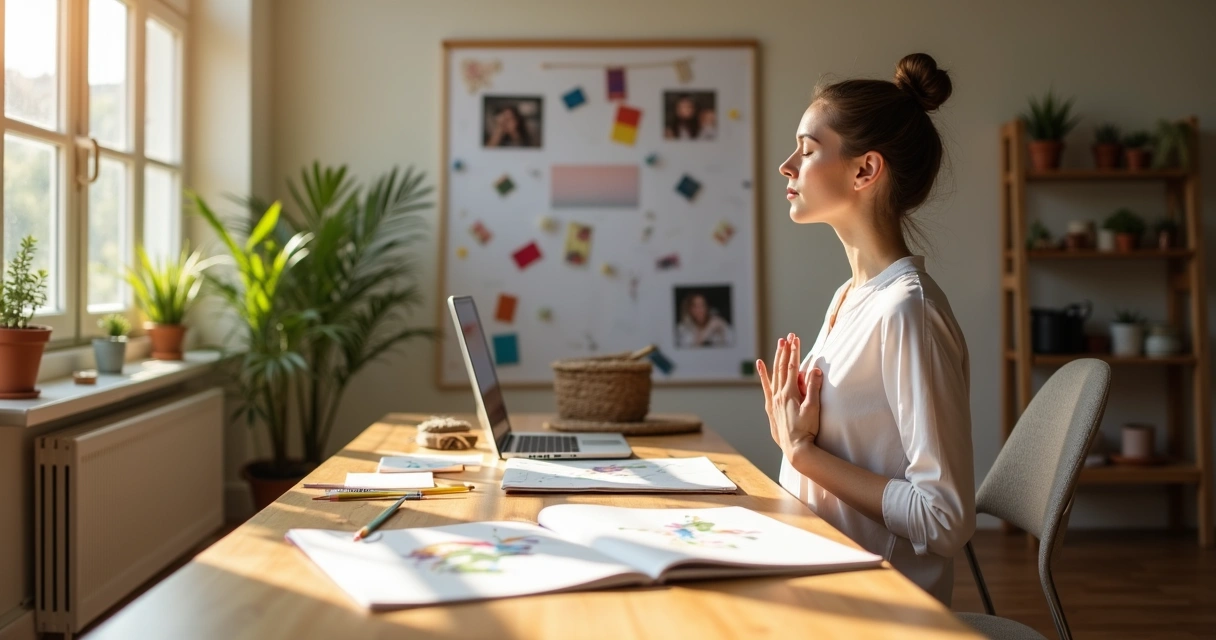 Person meditating and sketching at a sunlit creative workspace 