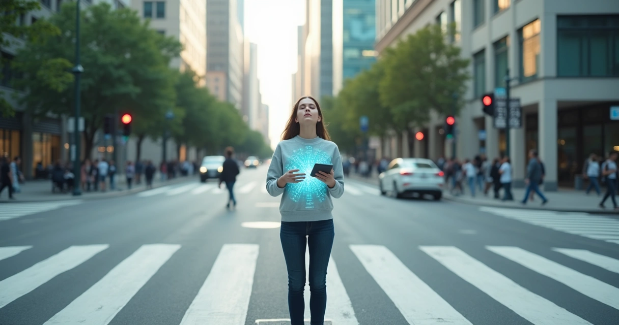 Person at city crosswalk pausing to breathe before crossing multiple paths 