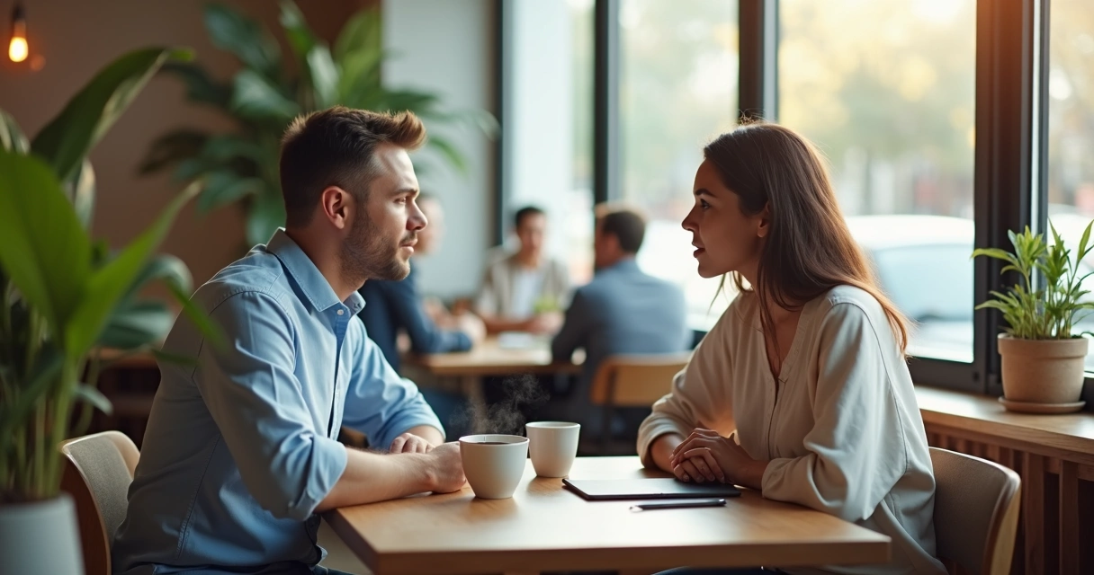 Two people talking at a table with subtle airflow lines highlighting their breathing and voices 