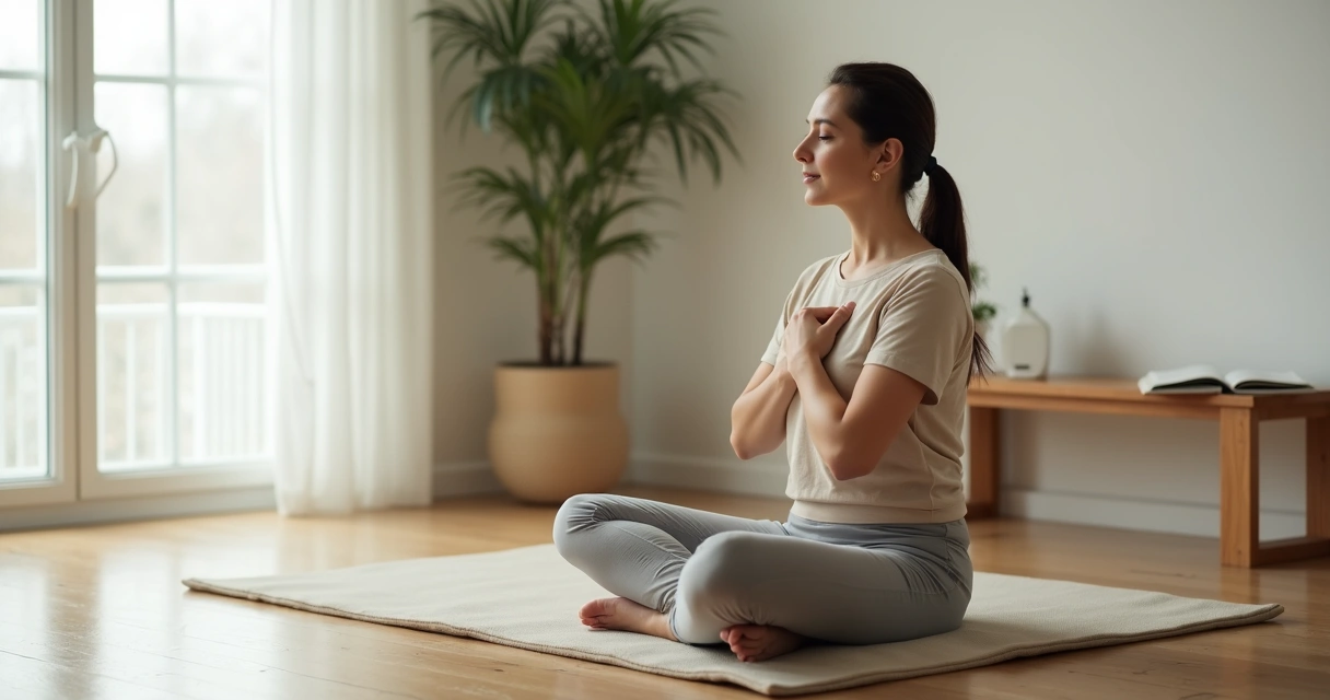 Woman practicing autonomous breathing in a calm minimalist room 