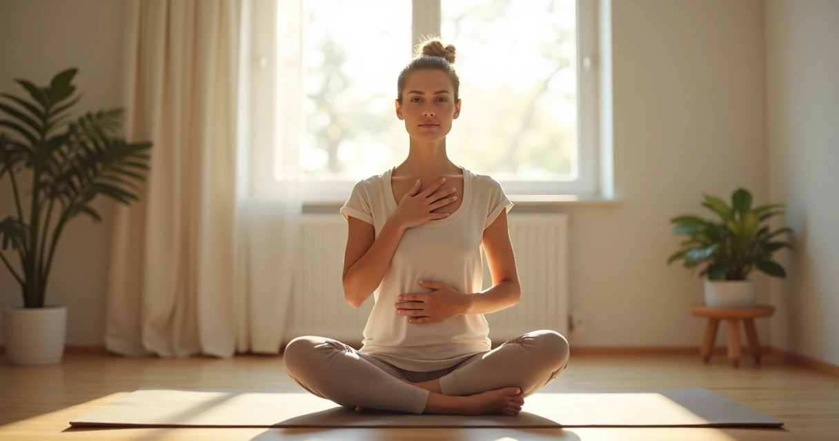 Person sitting quietly with eyes closed, hand on chest and belly, focusing on breath 