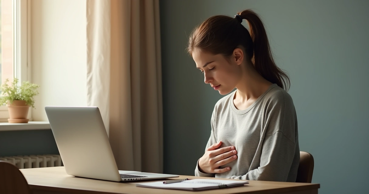 Person pausing at a desk with one hand on the chest 