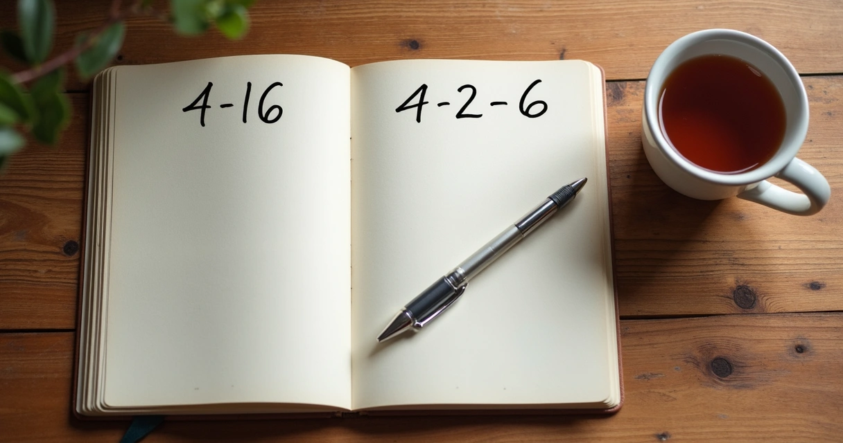Notebook with breath counts beside a cup of tea 
