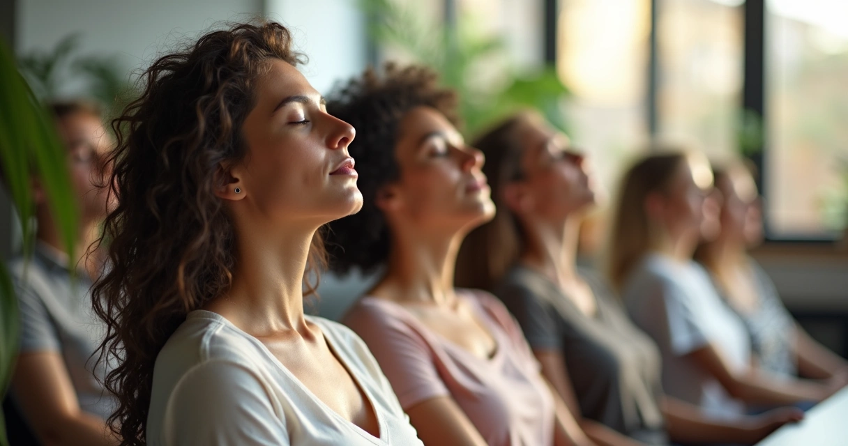 Several people in an office setting practicing slow exhaling together