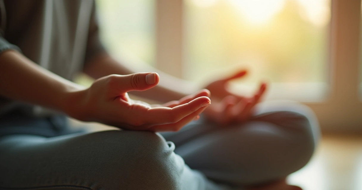 Closeup of hands resting on lap focusing on slow breathing. 
