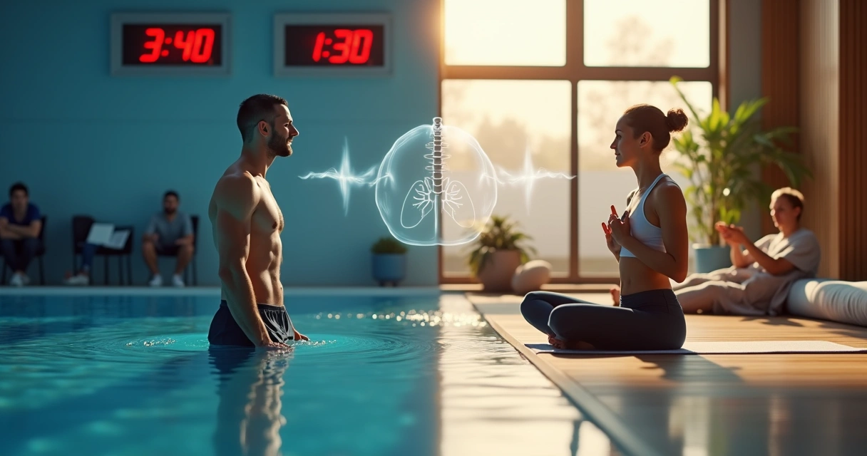 Split scene showing breath-holding competition on left and calm therapeutic breathing session on right 