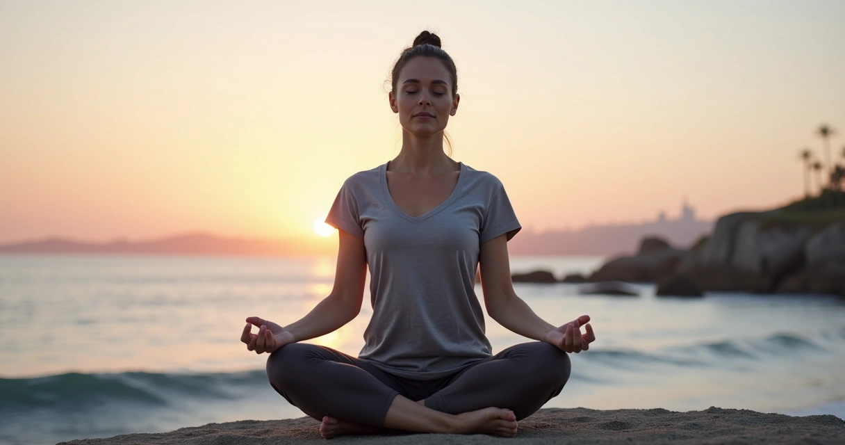 Person practicing calm breath holding by the ocean at sunrise 