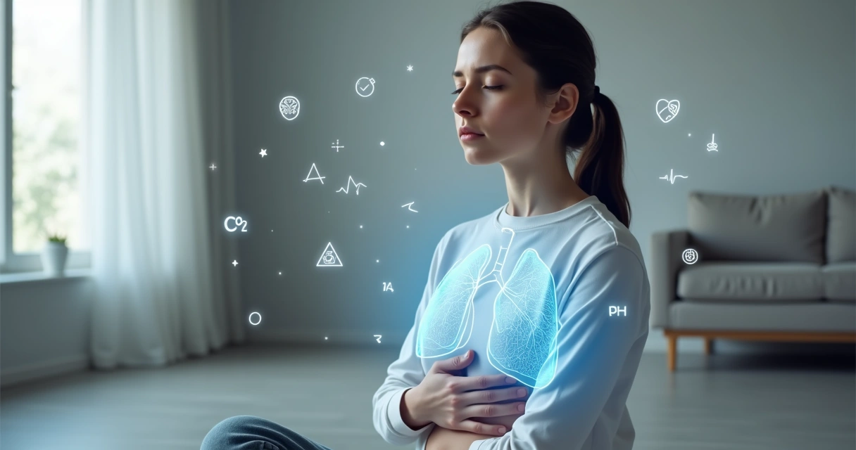 Person calmly holding breath with lungs highlighted and scientific icons around 