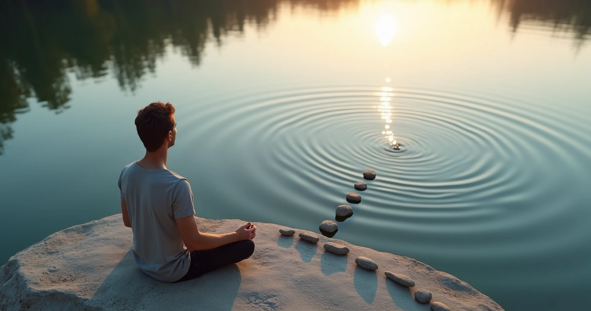 Overhead view of person by water arranging stones in a breathing pattern beside calm ripples 