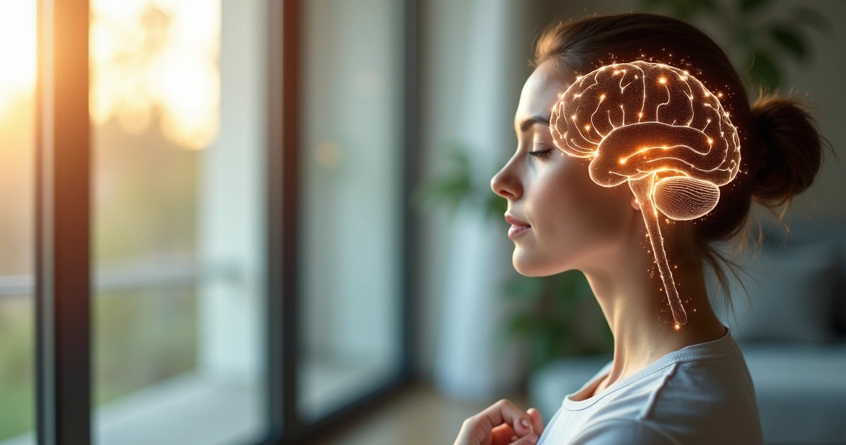 Woman calmly breathing with an overlay of brain and memory network 