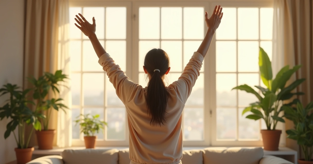 Person raising arms slowly as they inhale, then lowering them as they exhale, in a sunny room 