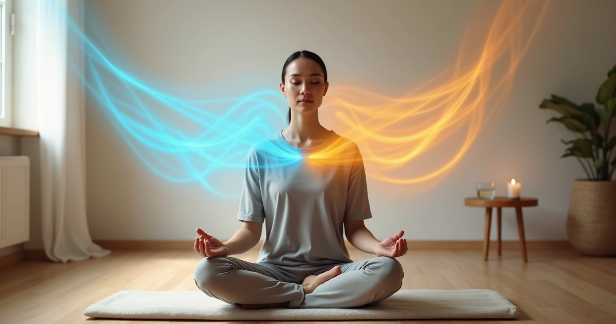 Person meditating indoors with warm and cool colored breath flows 