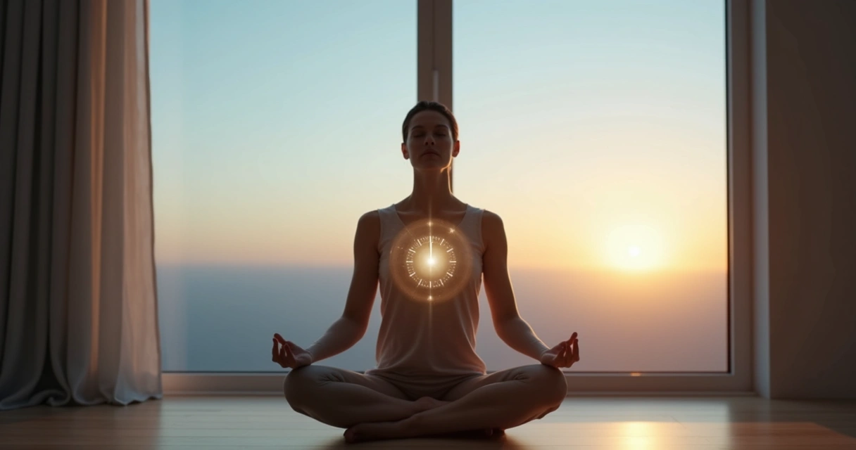 Person meditating with flowing light trails representing breath and time 