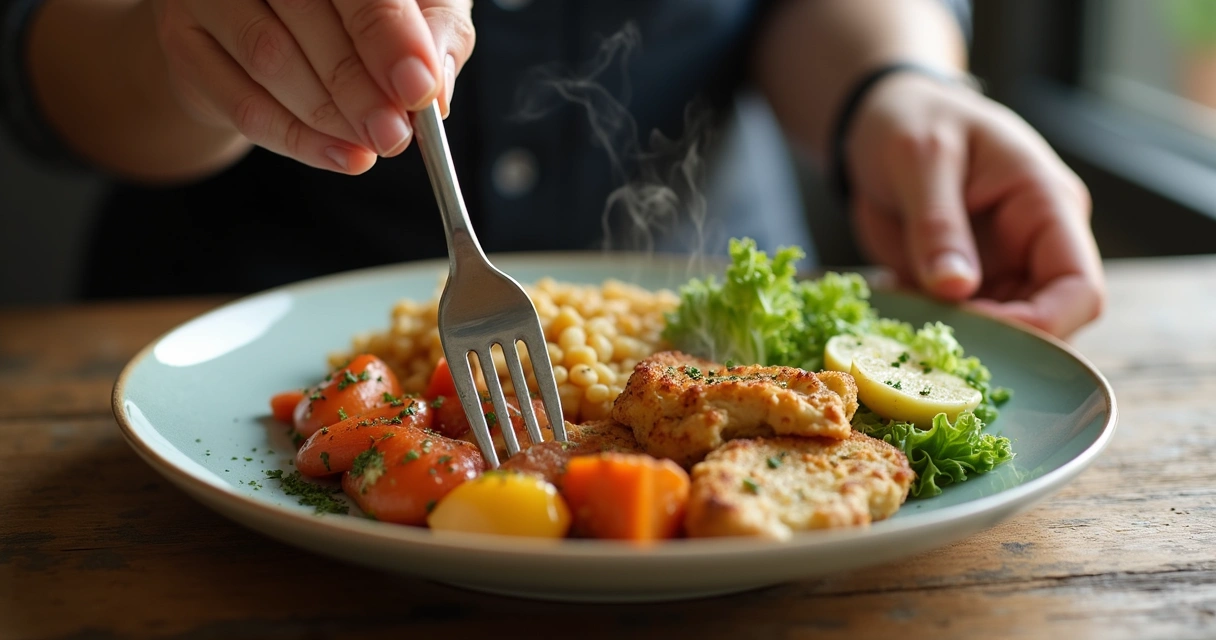 Close-up of hands placing fork down and pausing over food 