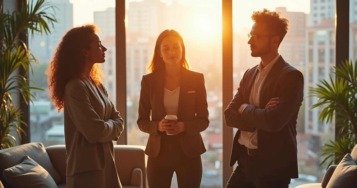 Small group of coworkers standing together, practicing a short breathing exercise 