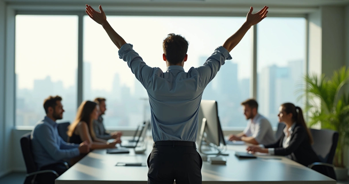 Employee standing by desk practicing deep breathing break