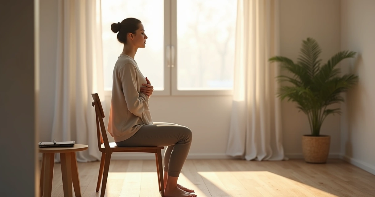 Person seated by a window practicing calm breathing with a notebook nearby