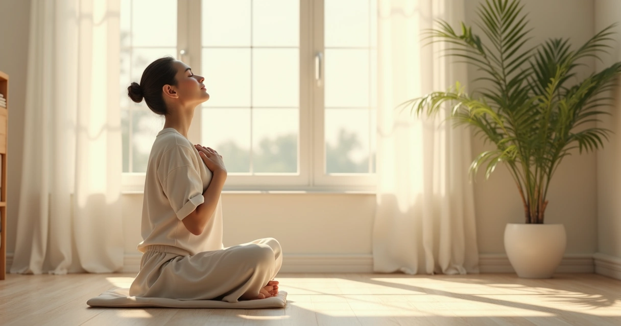 Person practicing a breathing check-in in a calm room 