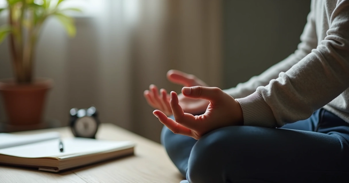 Close view of hands counting breaths with soft light in a calm setting 
