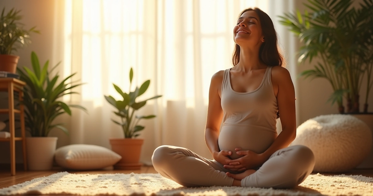 Person practicing breathing exercises in a calm and softly lit room. 