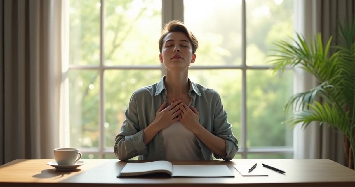 Individual doing breathing exercise at desk with calming background