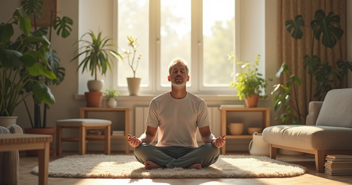 Man doing deep breathing for stress relief in living room
