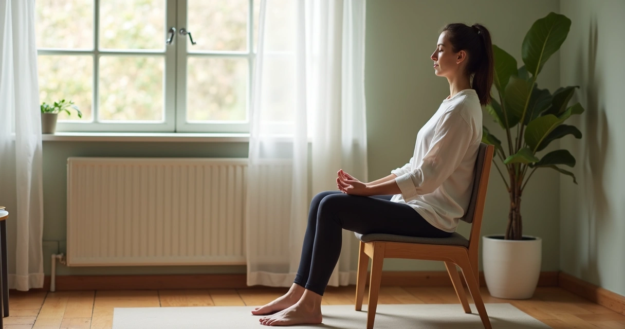 Person sitting in a chair practicing calm breathing with feet grounded