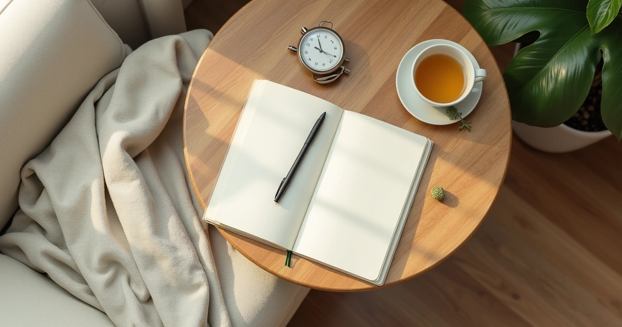 Notebook and tea beside a calm rest space for breathwork tracking 