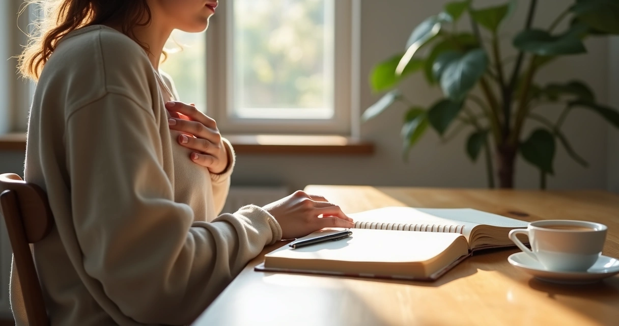 Person journaling beside a window after a breathing exercise 