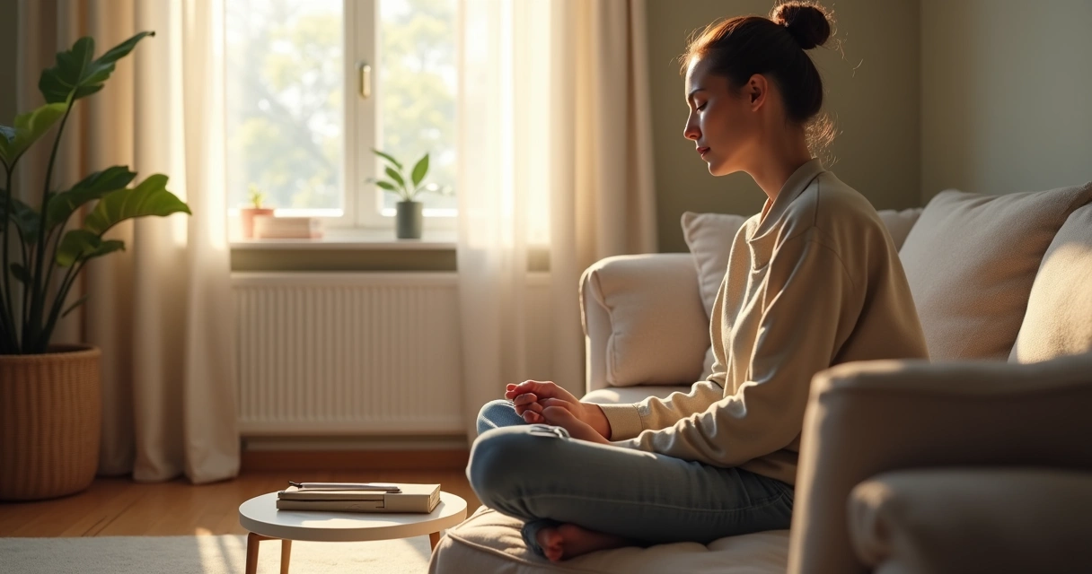 Person practicing mindful breathing in a quiet home space
