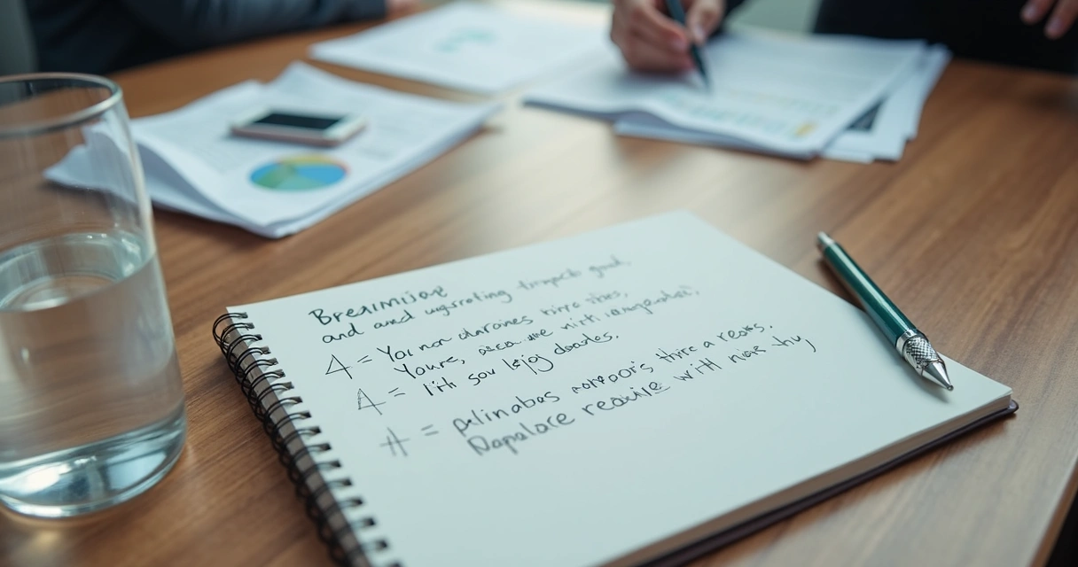 Notebook with breathing notes beside a glass of water on a meeting table 