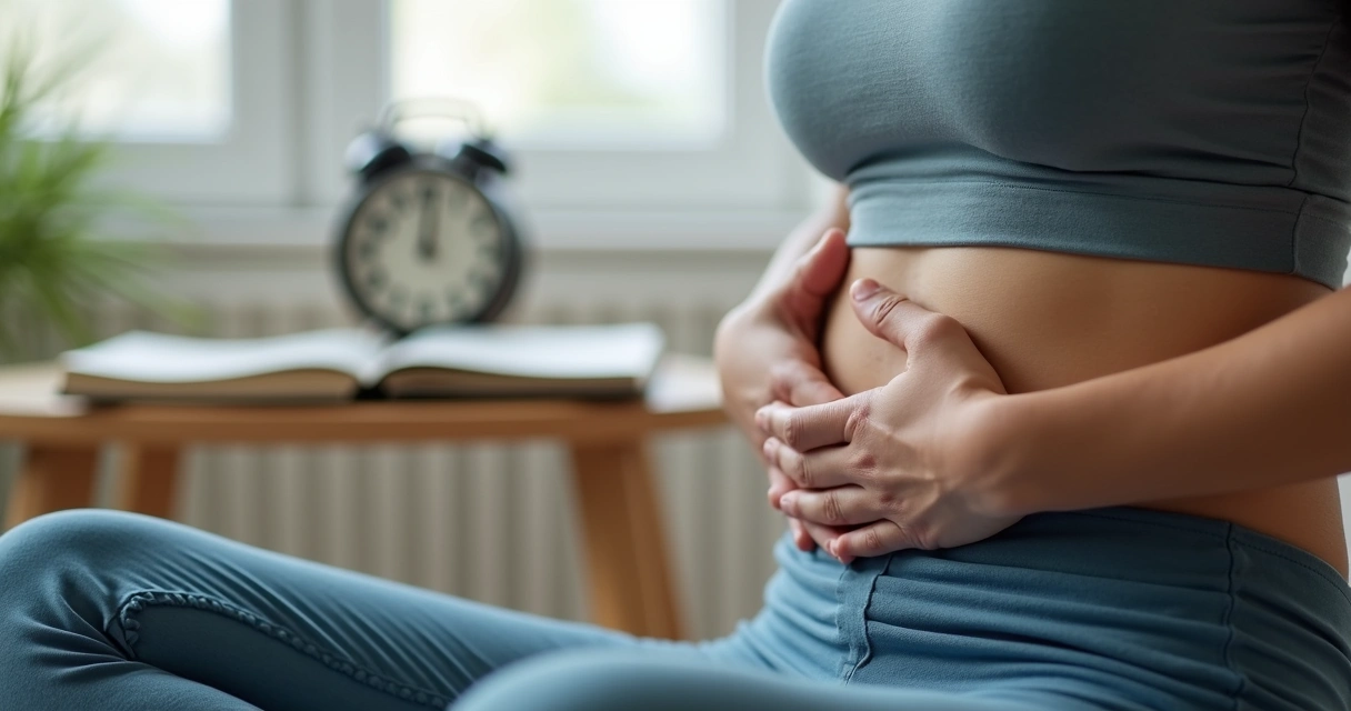 Close view of hands on abdomen during paced breathing 