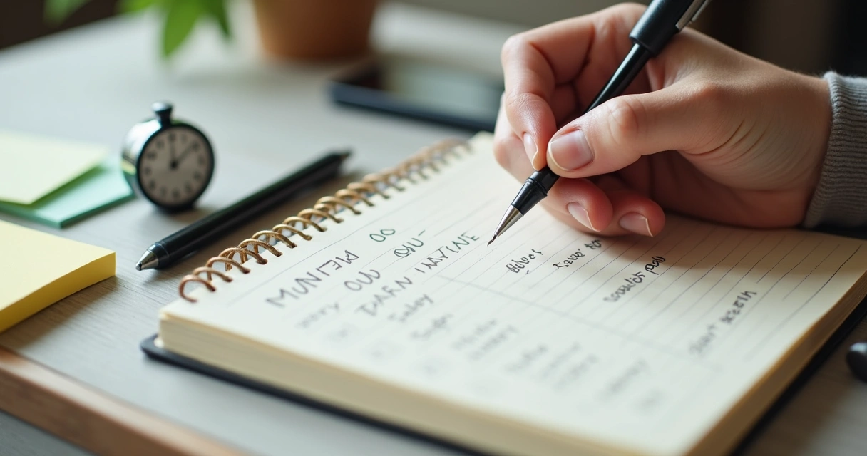 Breathing journal notebook with written notes and pen