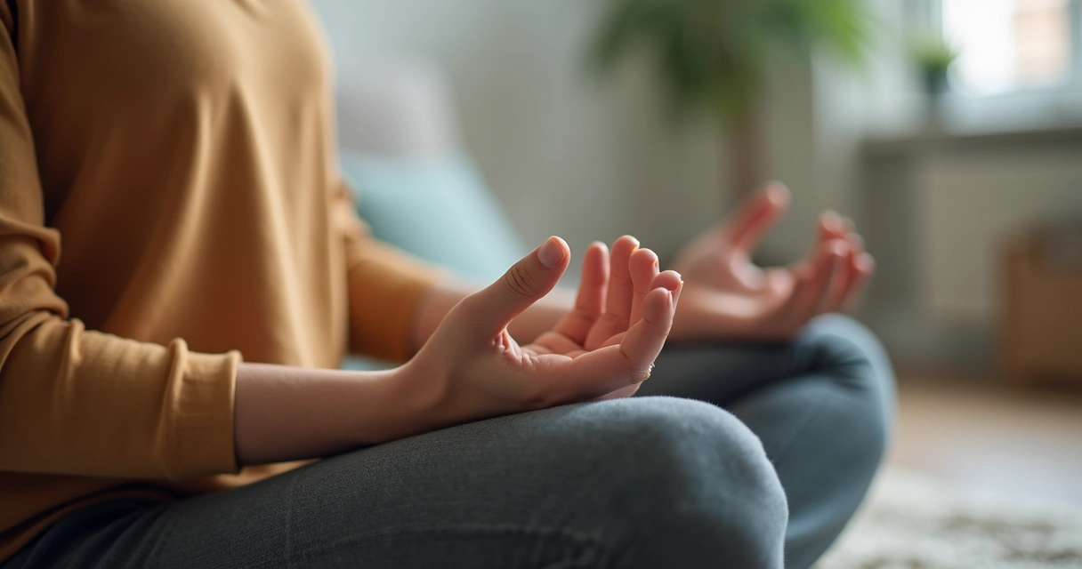 Hands resting on lap during a quiet breathing pause 