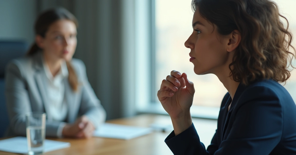 Person taking a calm breath during a tense meeting 