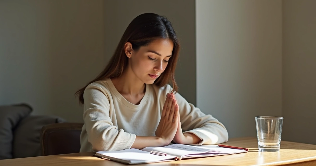 Person pausing to breathe at a desk with a planner and soft light