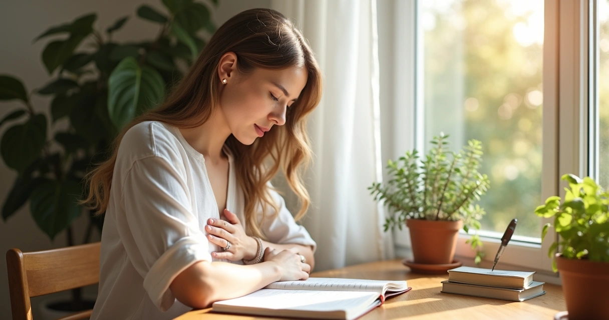 Woman journaling about thoughts and breathing in daylight