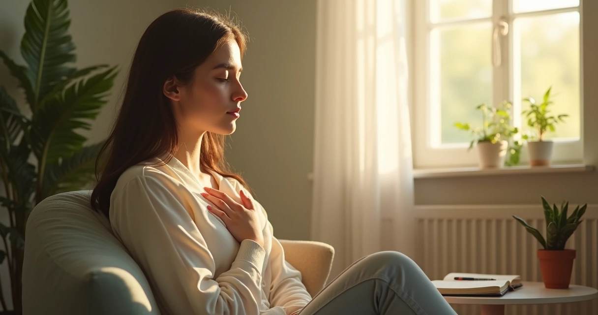Person sitting quietly, hand on chest, practicing deep breathing 