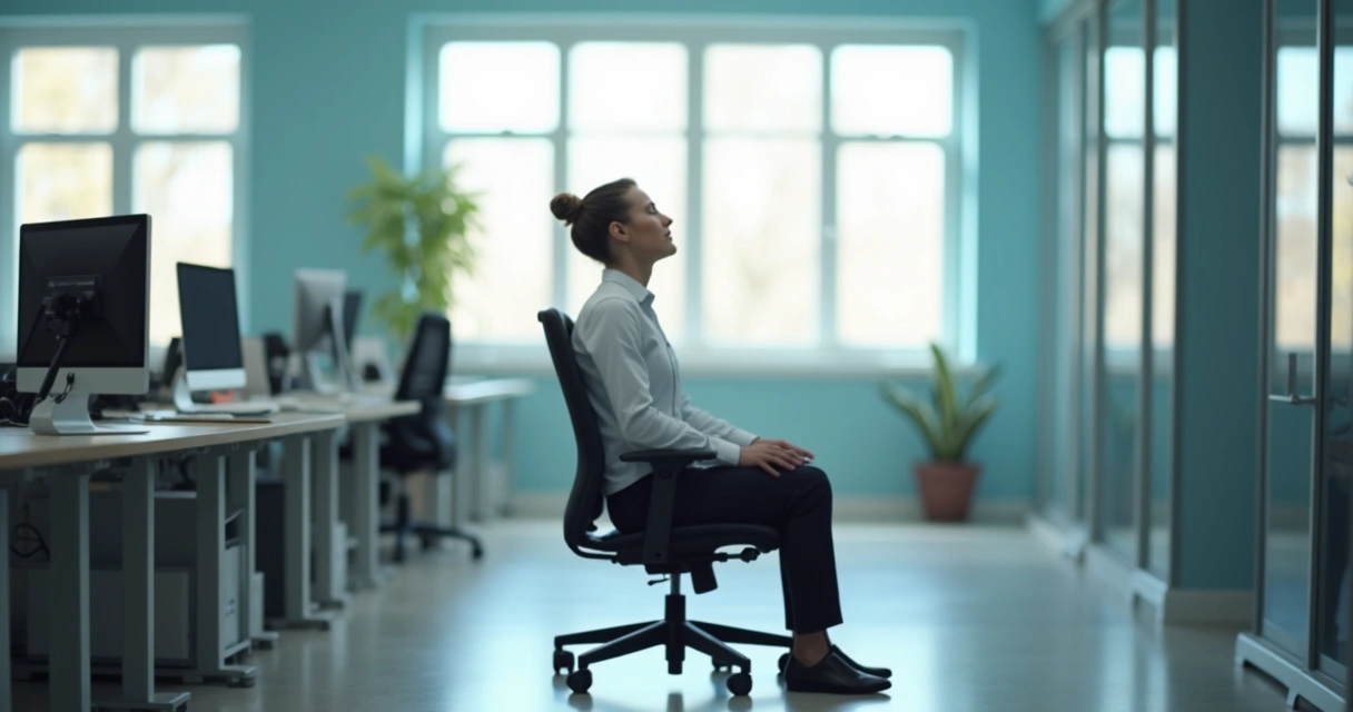Employee in business attire sitting calmly in an office chair, eyes closed, hands on knees, focused breathing 