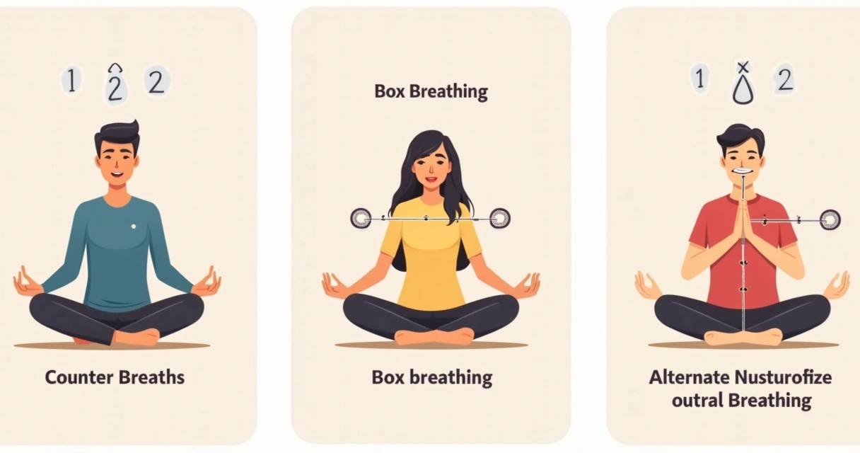 Illustration showing different mindful breathing techniques with people in various poses. 