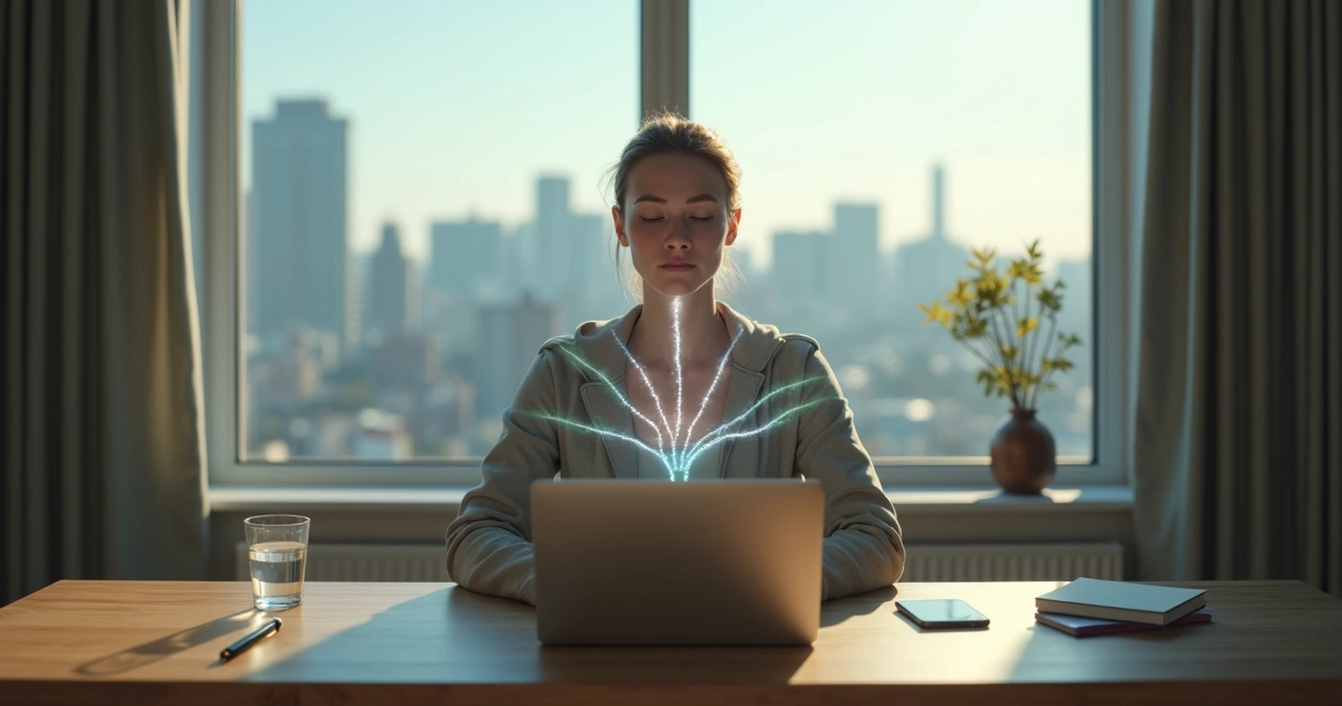Person exhaling calmly as glowing paths of choices flow from a laptop 