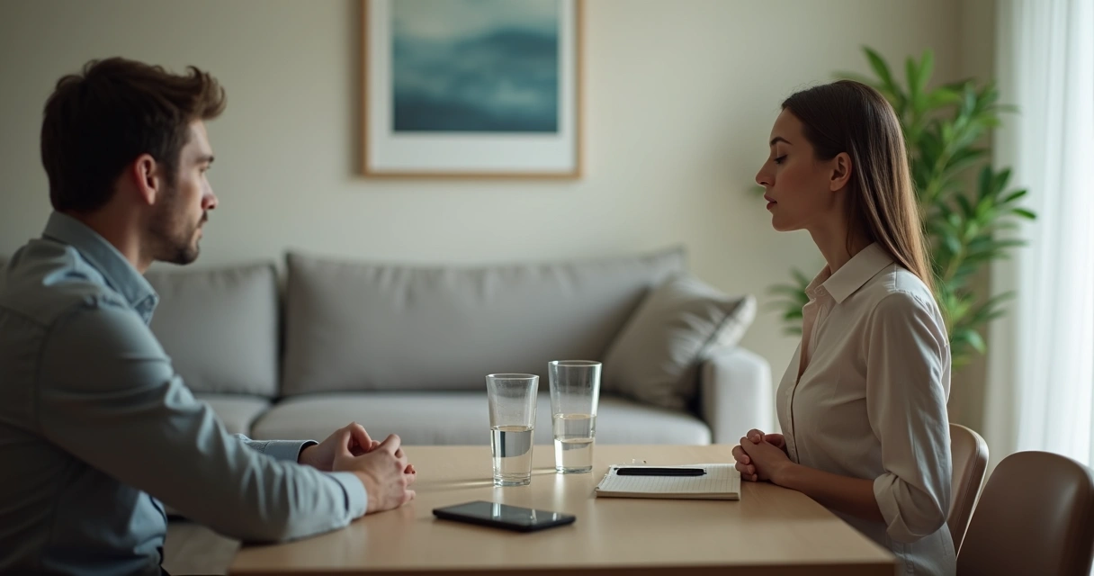 Person practicing calm breathing during a tense conversation 