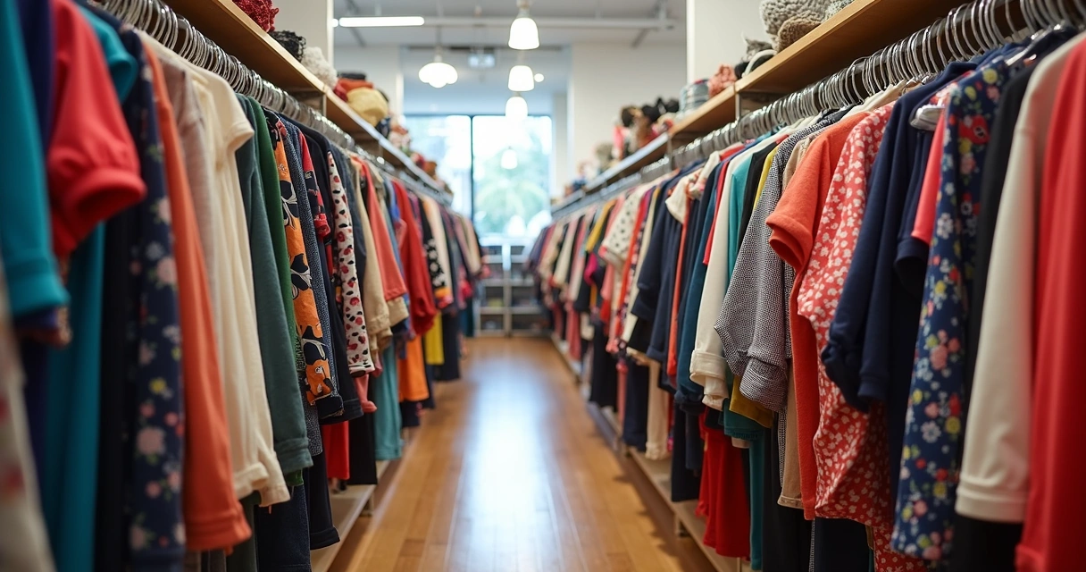 Roupas variadas em cabideiros de brechó limpo em Orlando 