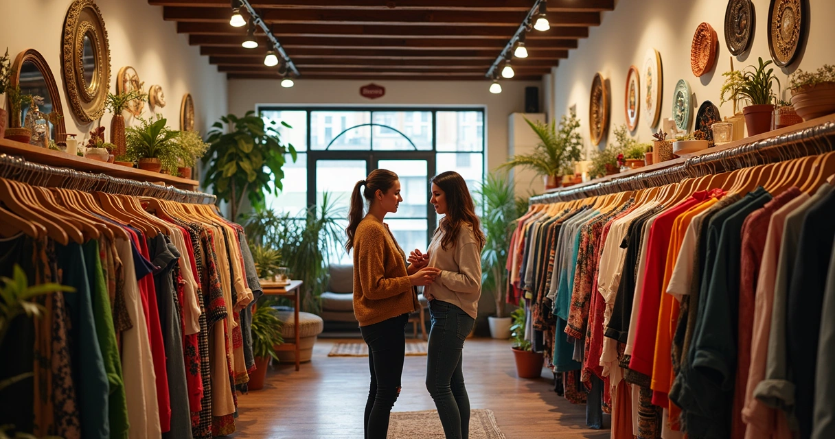 Interior de brechó premium com araras de roupas coloridas e decoração acolhedora 