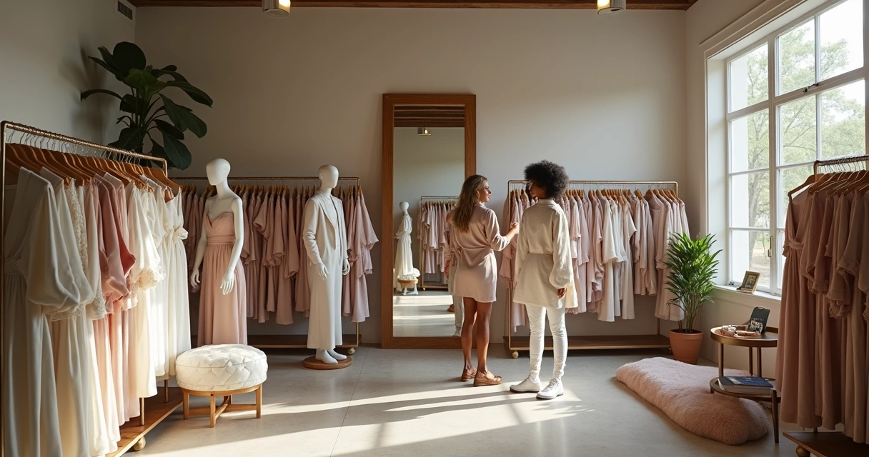 Brechó premium com roupas organizadas em araras e manequins elegantes 