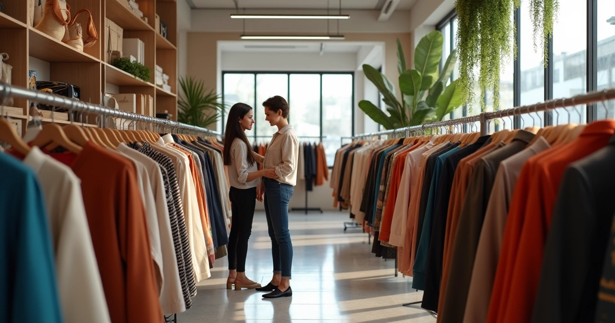 Interior de brechó premium com roupas organizadas e consultora auxiliando cliente