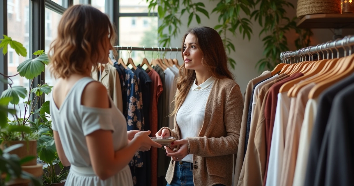 Consultoras de imagem avaliando roupas em brechó premium com clientes 