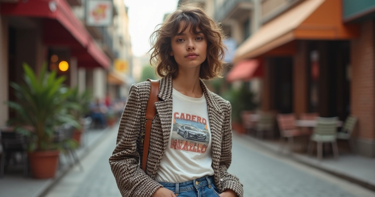 Combinação de peças de brechó com roupas modernas em ambiente urbano 